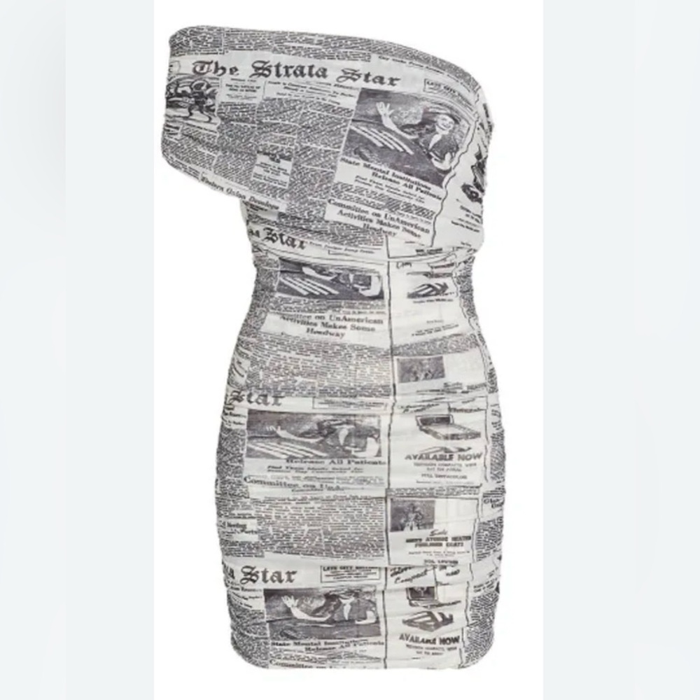 Ronny Kobo Collection Black & White Newspaper Print Strapless Mini Dress